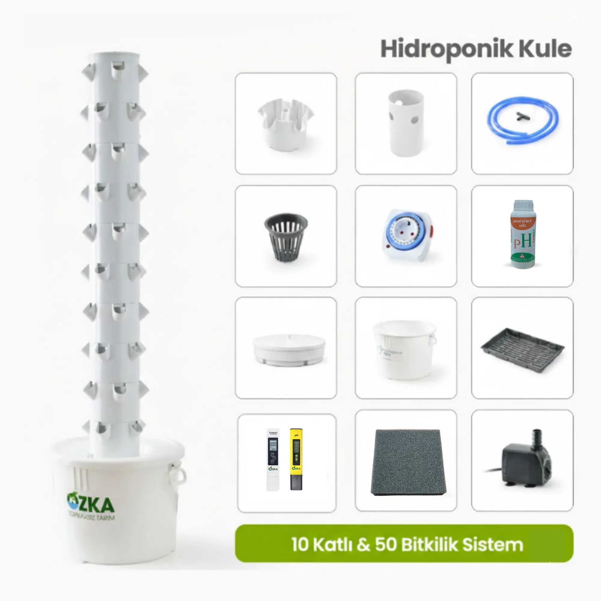 Dikey hidroponik kule 50 gözlü full set topraksız tarım sistemi balkon sera kullanımına uygun