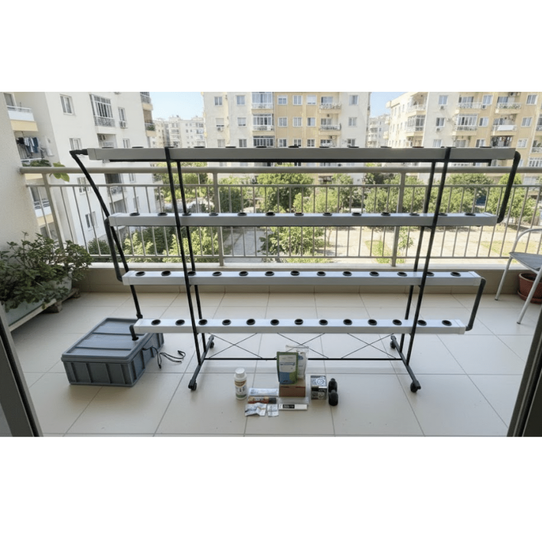 HydroRack 52 Topraksız Tarım Seti – 4 Katlı NFT Dikey Sistem | 52 Gözlü Balkon Üretim Full Paket (EC & pH Dahil) 5 HydroRack 52 Topraksız Tarım Seti 4 Katlı NFT Balkon Sistemi