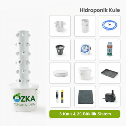 Dikey Topraksız Tarım Kulesi 6 Katlı 30 Gözlü | Full Set Hidroponik Kule 8 Dikey hidroponik kule 30 gözlü full set topraksız tarım sistemi balkon sera kullanımına uygun