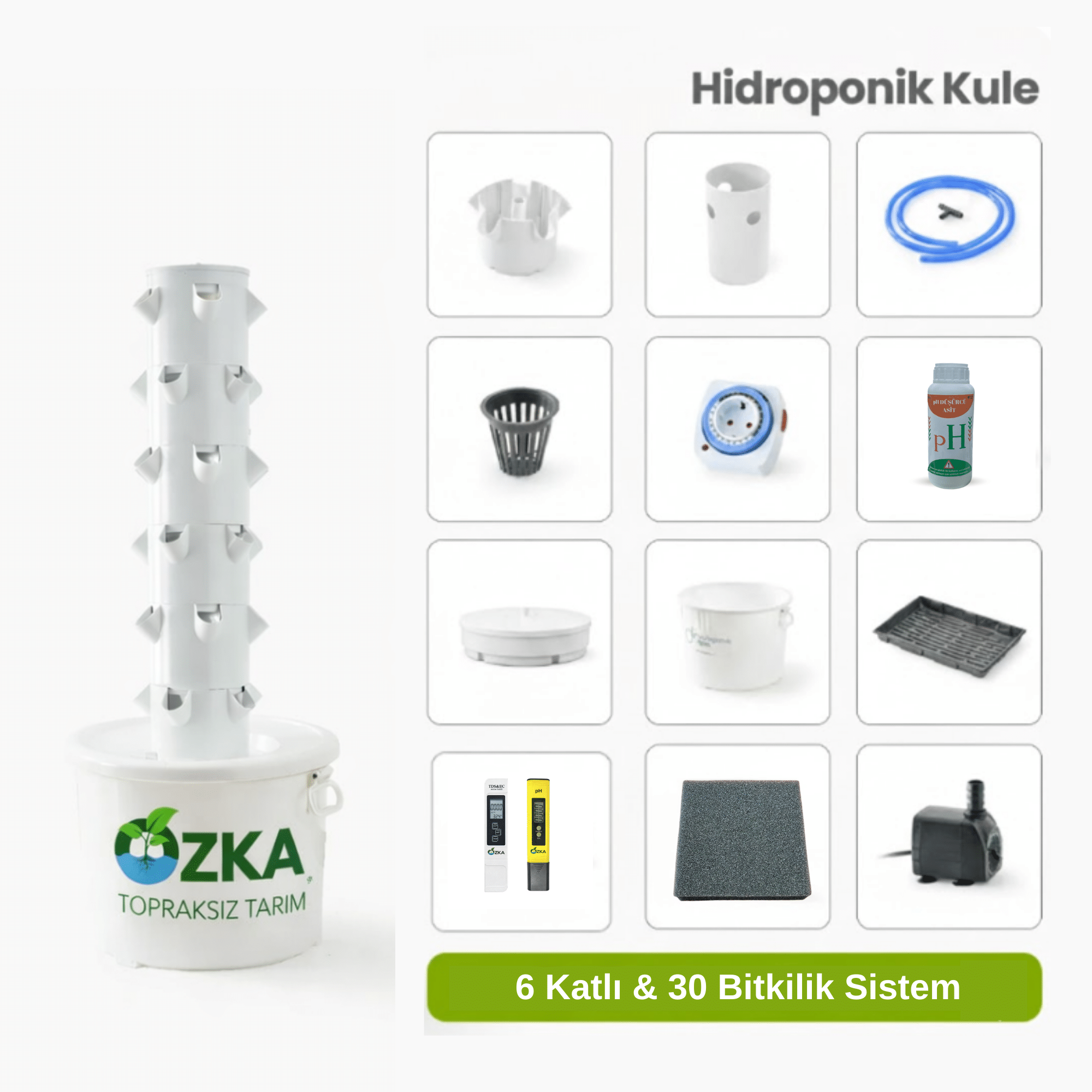 Dikey Topraksız Tarım Kulesi 6 Katlı 30 Gözlü | Full Set Hidroponik Kule 1 Dikey hidroponik kule 30 gözlü full set topraksız tarım sistemi balkon sera kullanımına uygun