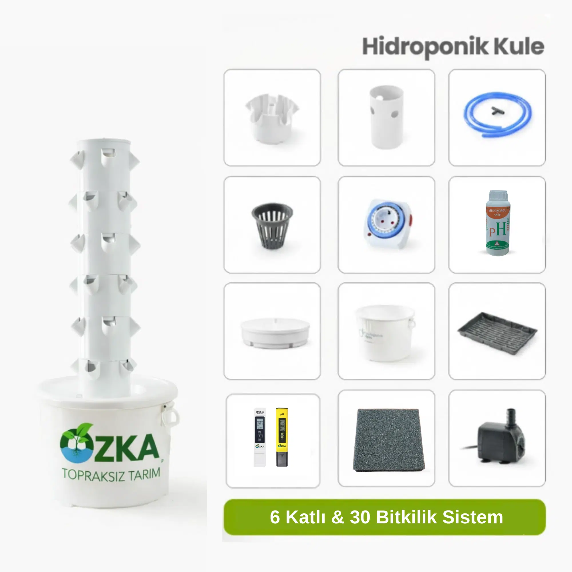 Dikey Topraksız Tarım Kulesi 6 Katlı 30 Gözlü | Full Set Hidroponik Kule 1 Dikey hidroponik kule 30 gözlü full set topraksız tarım sistemi balkon sera kullanımına uygun