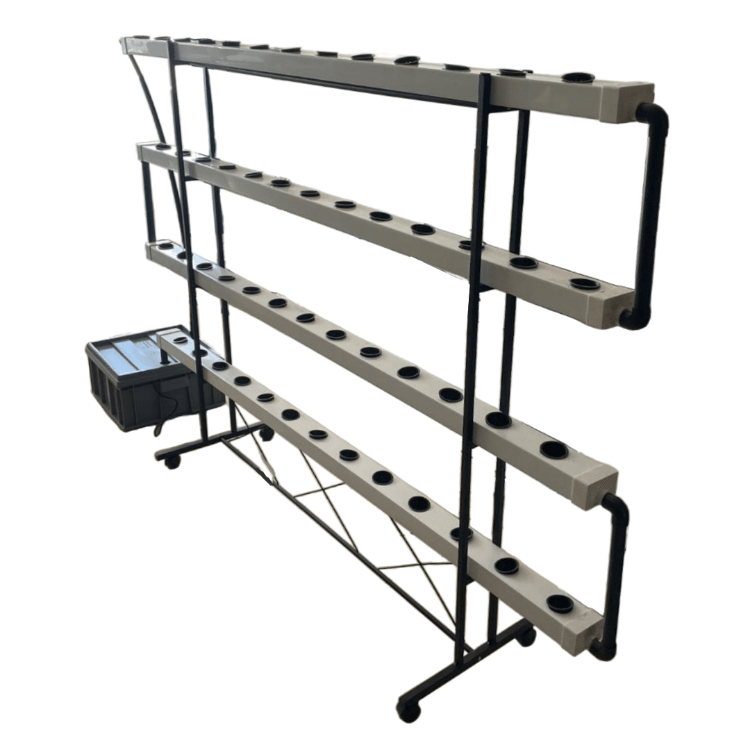 HydroRack 52 Topraksız Tarım Seti – 4 Katlı NFT Dikey Sistem | 52 Gözlü Balkon Üretim Full Paket (EC & pH Dahil) 1 HydroRack 52 Topraksız Tarım Seti 4 Katlı NFT Balkon Sistemi