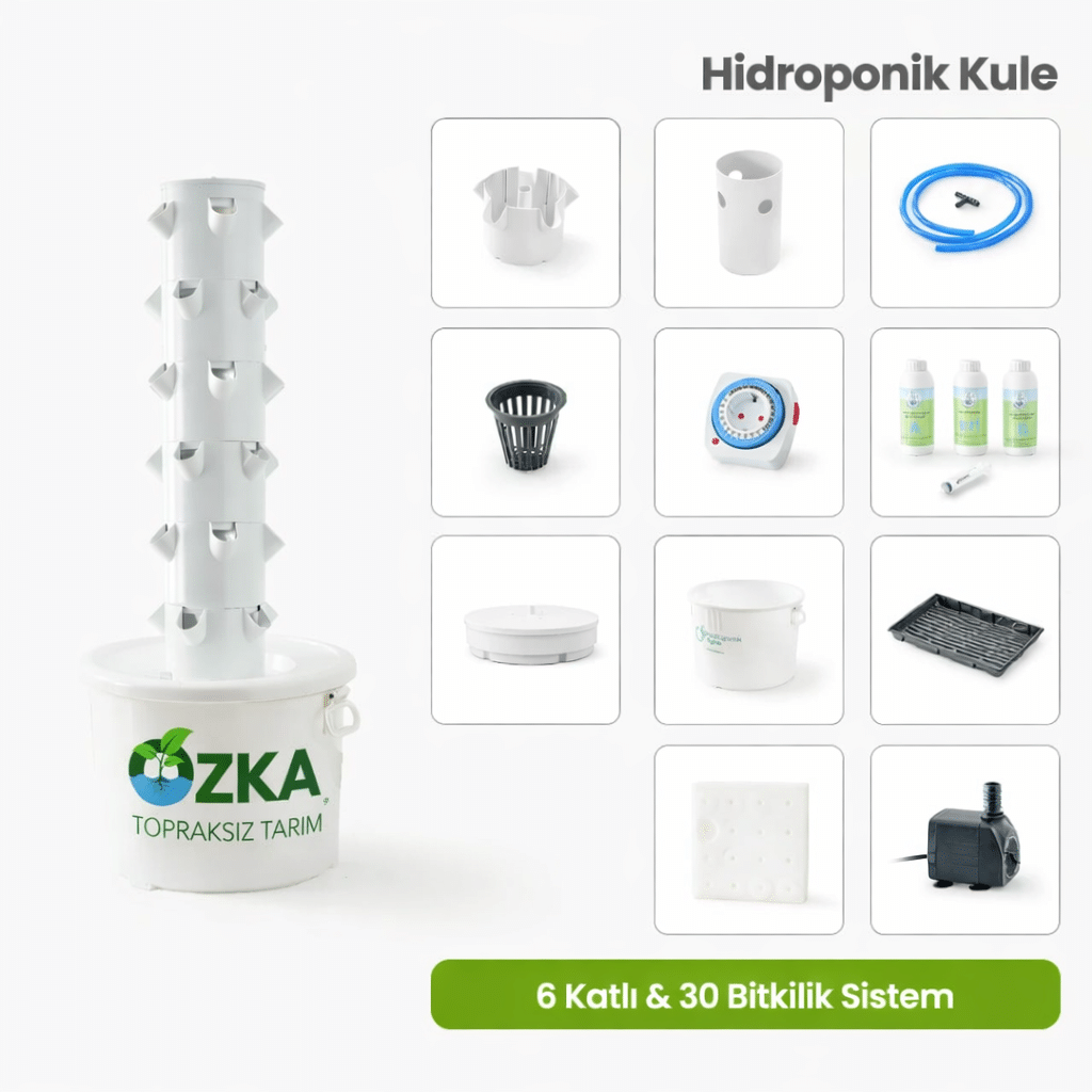 Dikey topraksız tarım kulesi 6 katlı 30 gözlü 75 lt depolu hidroponik sistem