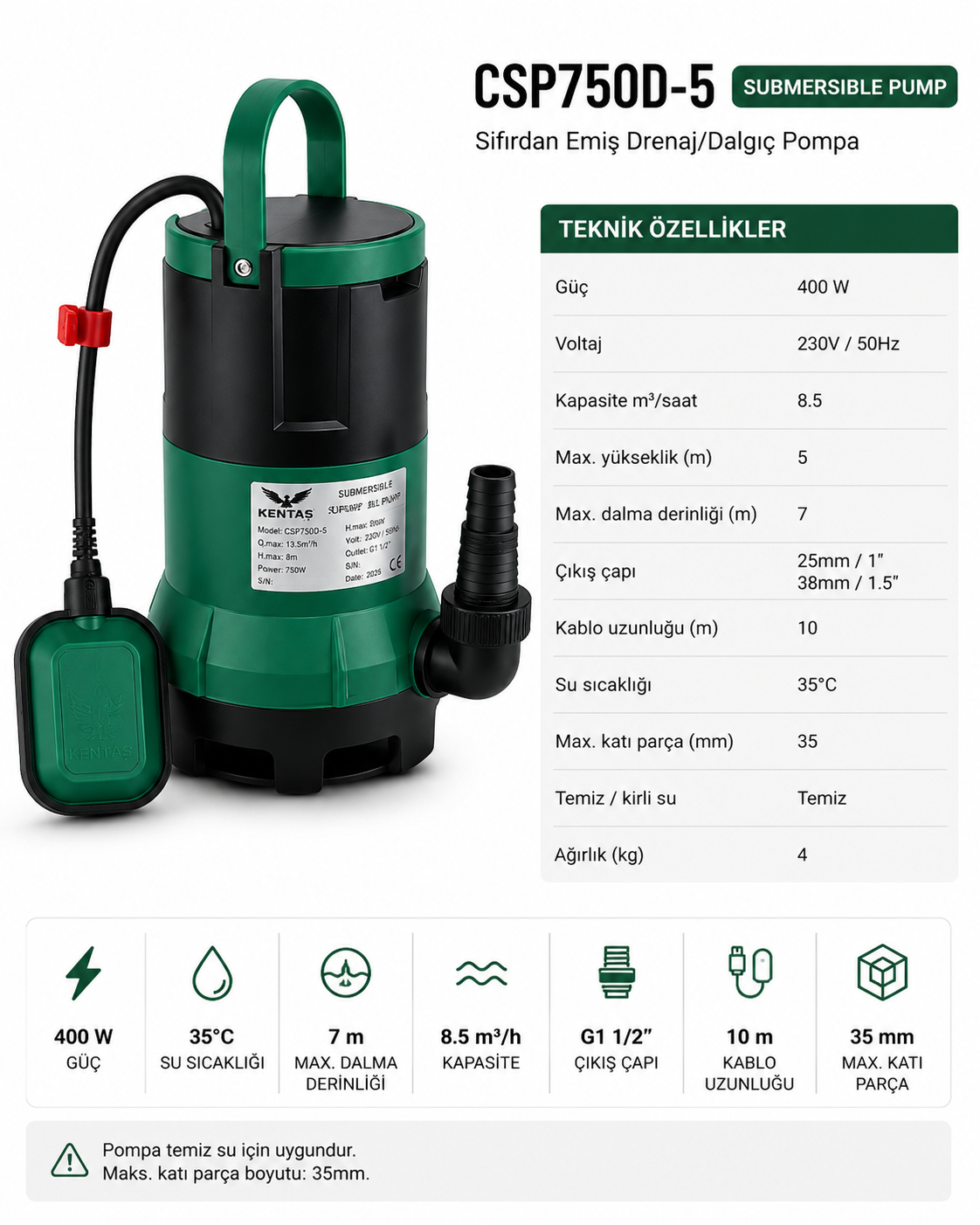 400W 0.5 HP Dalgıç Temiz Su Pompası Şamandıralı – 8.500 L/Saat Debi, 7 m Dalma Derinliği 2 400W 0.5 HP Dalgıç Temiz Su Pompası Şamandıralı – 8.500 L/Saat Debi, 7 m Dalma Derinliği