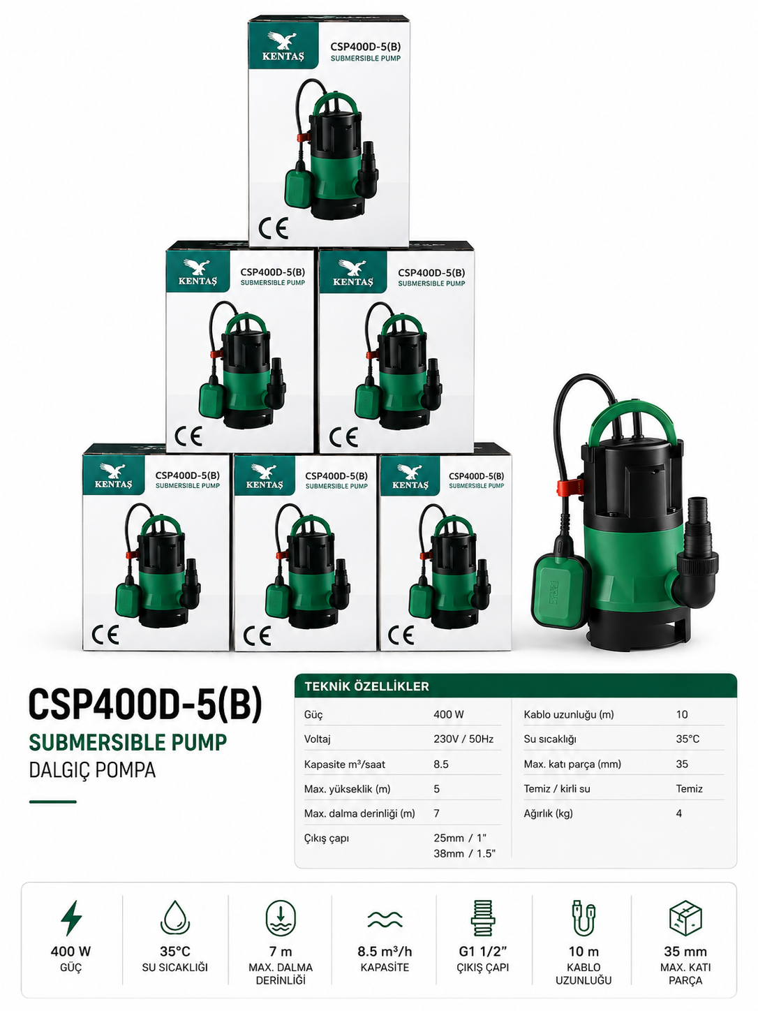 400W 0.5 HP Dalgıç Temiz Su Pompası Şamandıralı – 8.500 L/Saat Debi, 7 m Dalma Derinliği 3 400W 0.5 HP Dalgıç Temiz Su Pompası Şamandıralı – 8.500 L/Saat Debi, 7 m Dalma Derinliği